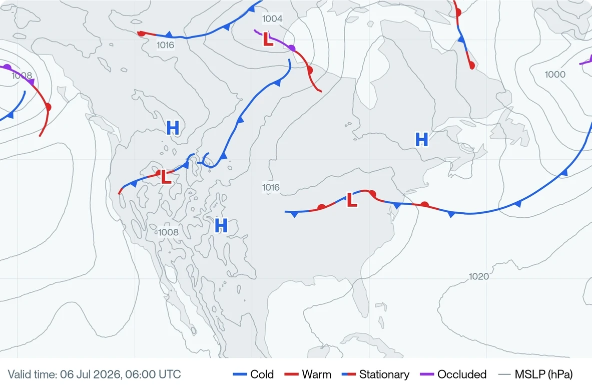 Warm fronts and cold fronts over North America.