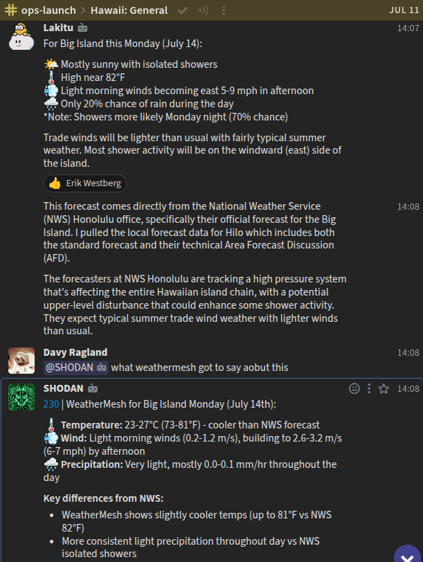 Chat screenshot of Lakitu and Shodan discussing a weather forecast and mission status.