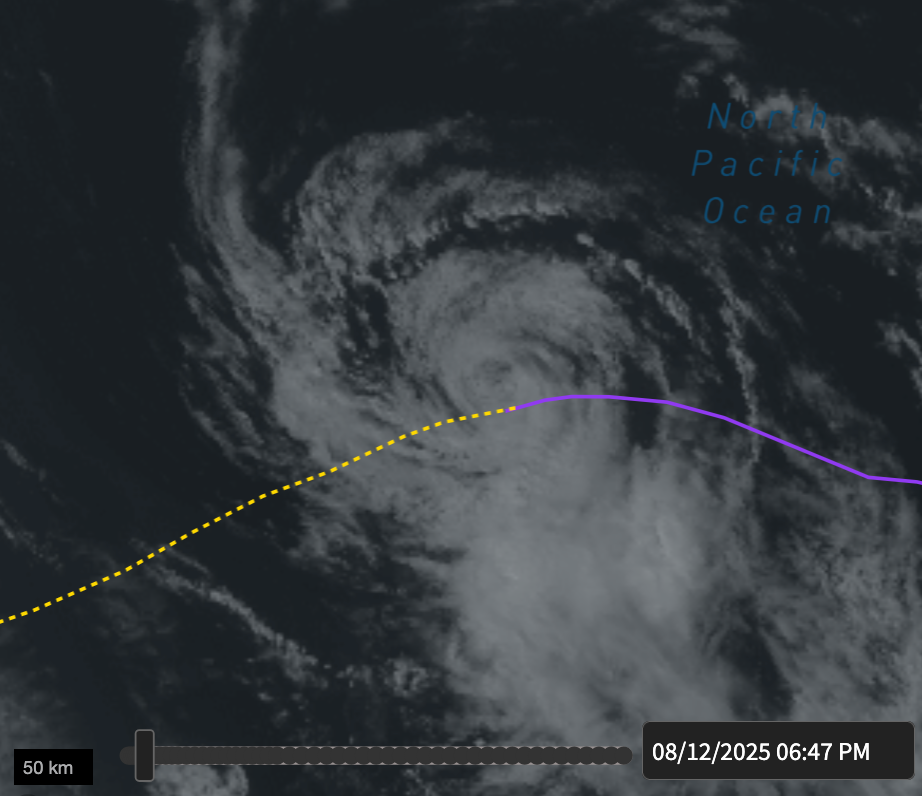 Mission W-3894’s flight path with NASA GOES satellite imagery overlay, captured right before descent.