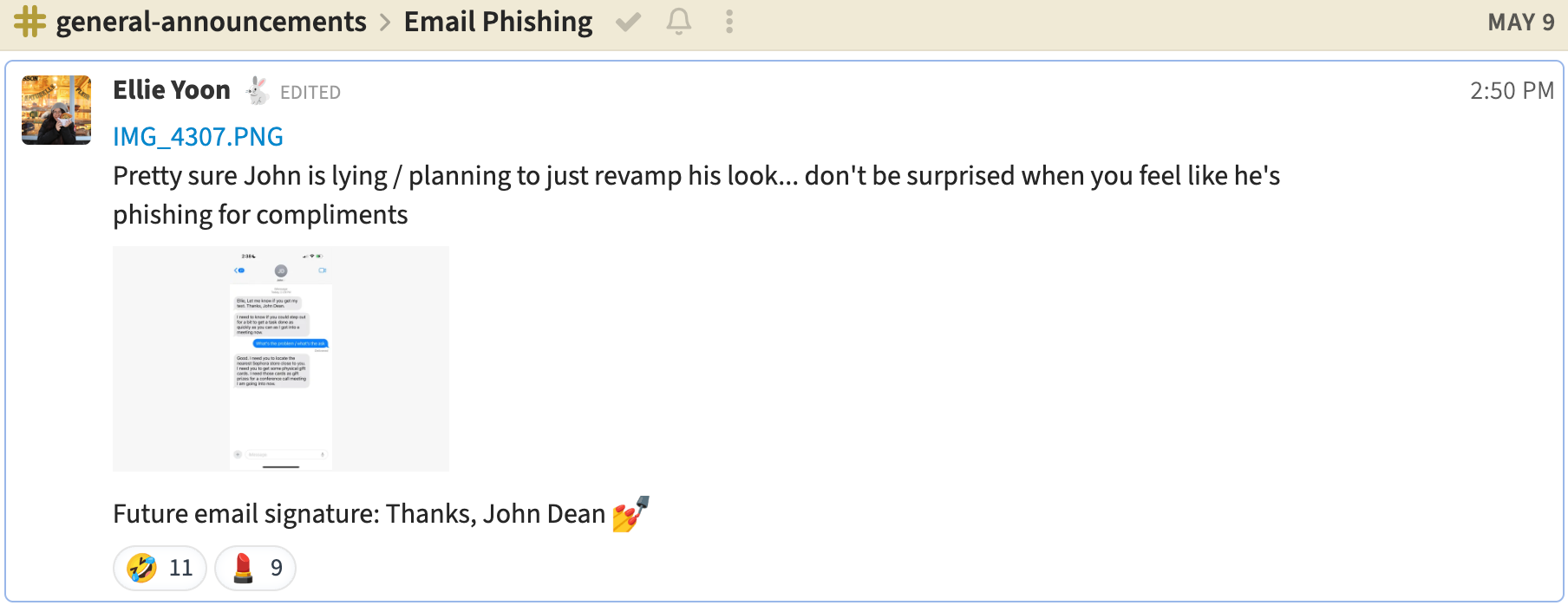 Chat screenshot sharing an example email signature with the team.