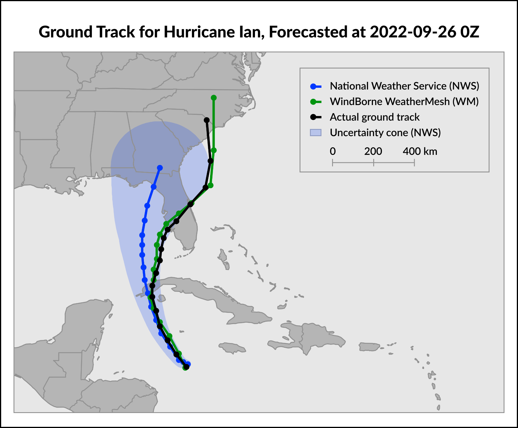 Map comparing Hurricane Ian ground-track forecasts from WeatherMesh and the National Weather Service with Ian’s actual path.