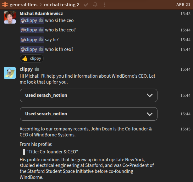 Chat screenshot of Clippy using a search tool to answer a question about WindBorne’s CEO.