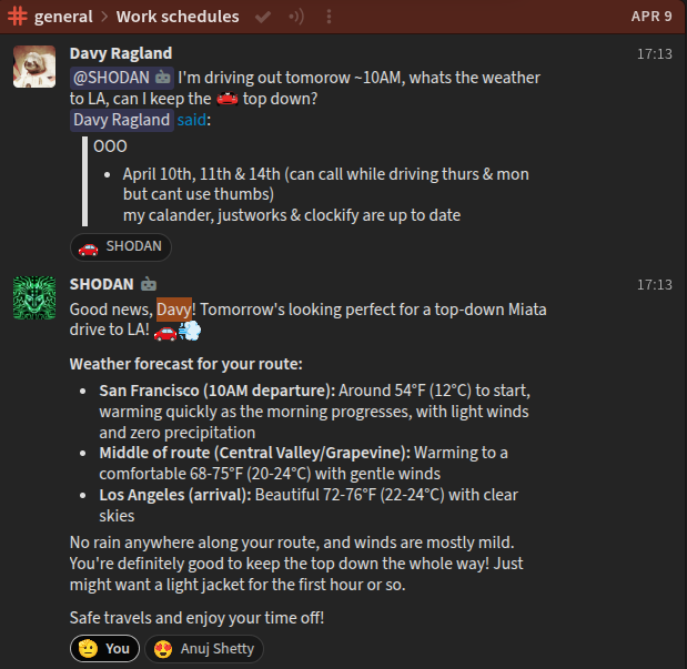 Chat screenshot of Shodan providing a forecast and travel advice for a team member.
