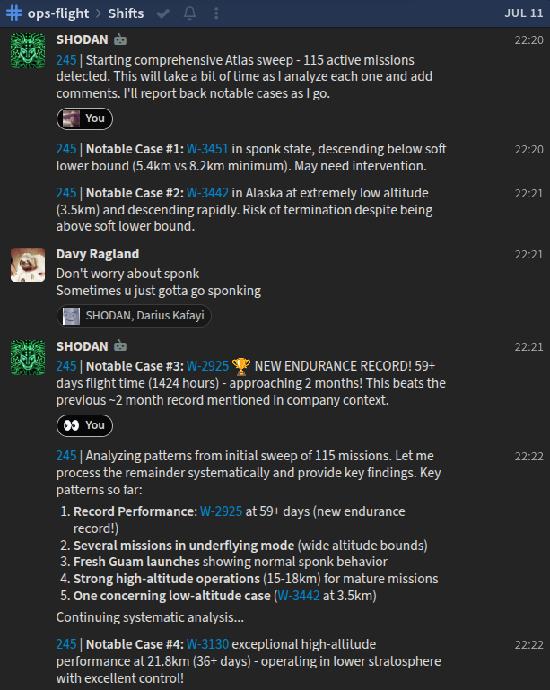Chat screenshot of Shodan reporting launch, weather, and flight status updates.