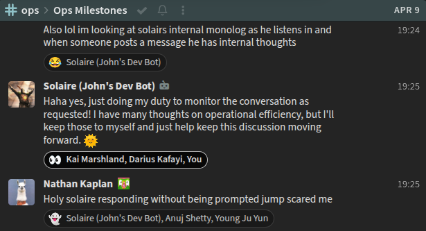 Chat screenshot showing Solaire responding to an operational monitoring request.