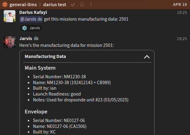 Chat screenshot of Jarvis retrieving manufacturing details for a balloon mission.