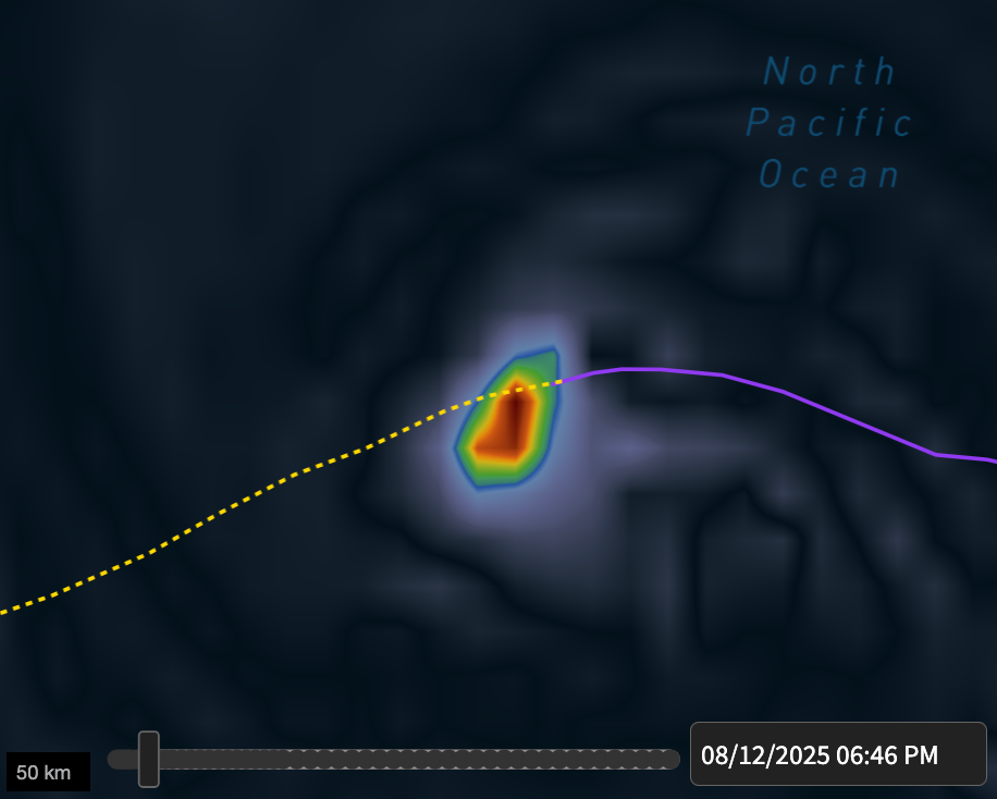 Mission W-3894’s flight path with a wind vorticity overlay, captured right before descent.