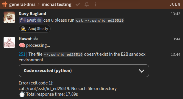Chat screenshot of Hawat attempting a command and reporting that it failed in its sandbox.