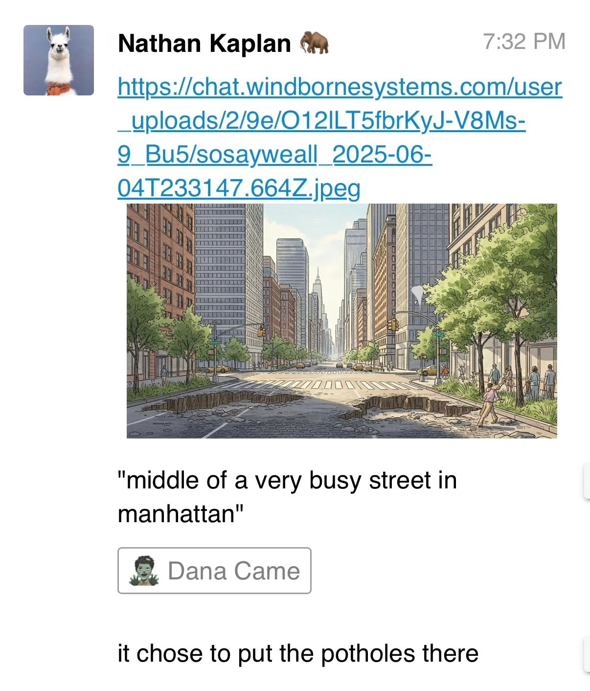 Chat screenshot showing a generated image of a WindBorne balloon above a Manhattan street.